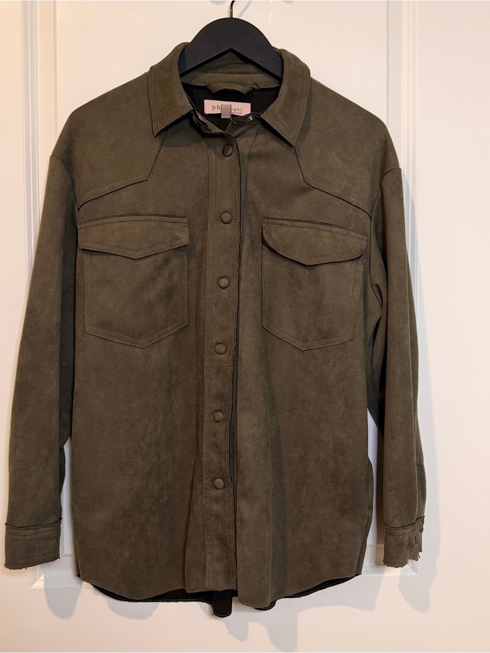 Philosophy Olive Green and Black Suede-Trim Top Shacket